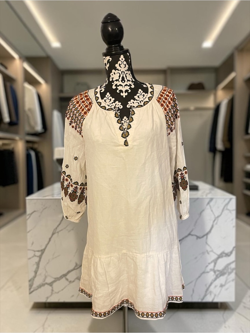 Karen Kane Boho Linen Embroidered Tunic Dress V Neck 3/4 Sleeve Cream Size L